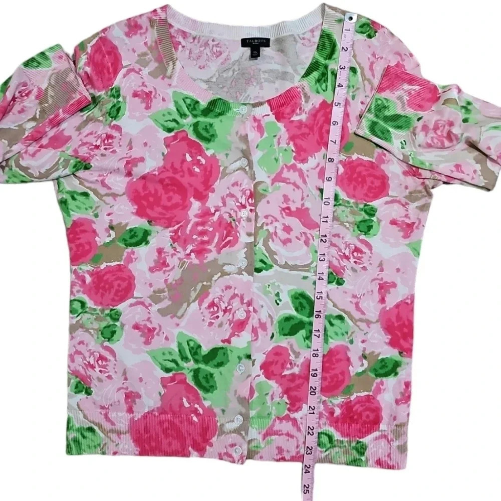 Talbots Women’s MP Cardigan Pink Green Floral Cotton Button Front Preppy Cottage - Picture 7 of 7